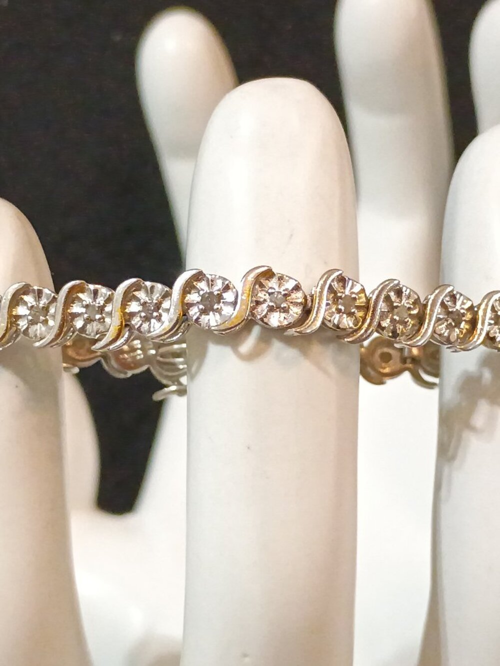 Vintage CJ 925 Sterling Silver Two Tone S-Link Diamond Accent Tennis Bracelet
